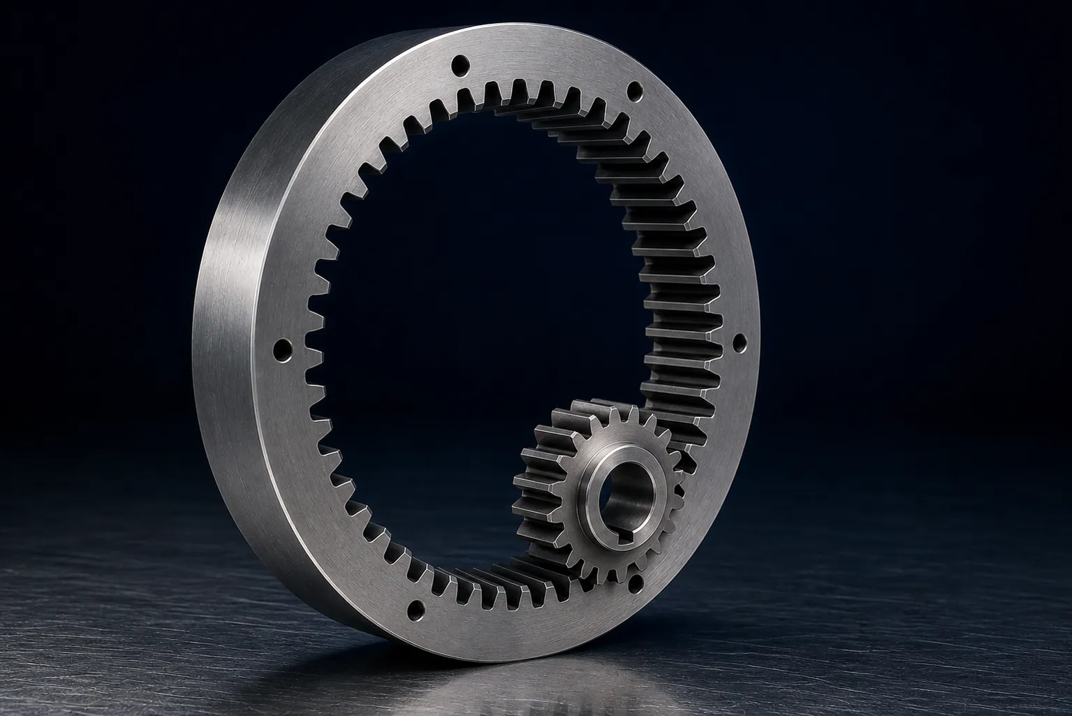 Custom internal ring gear with teeth machined on the inside diameter and a mating pinion