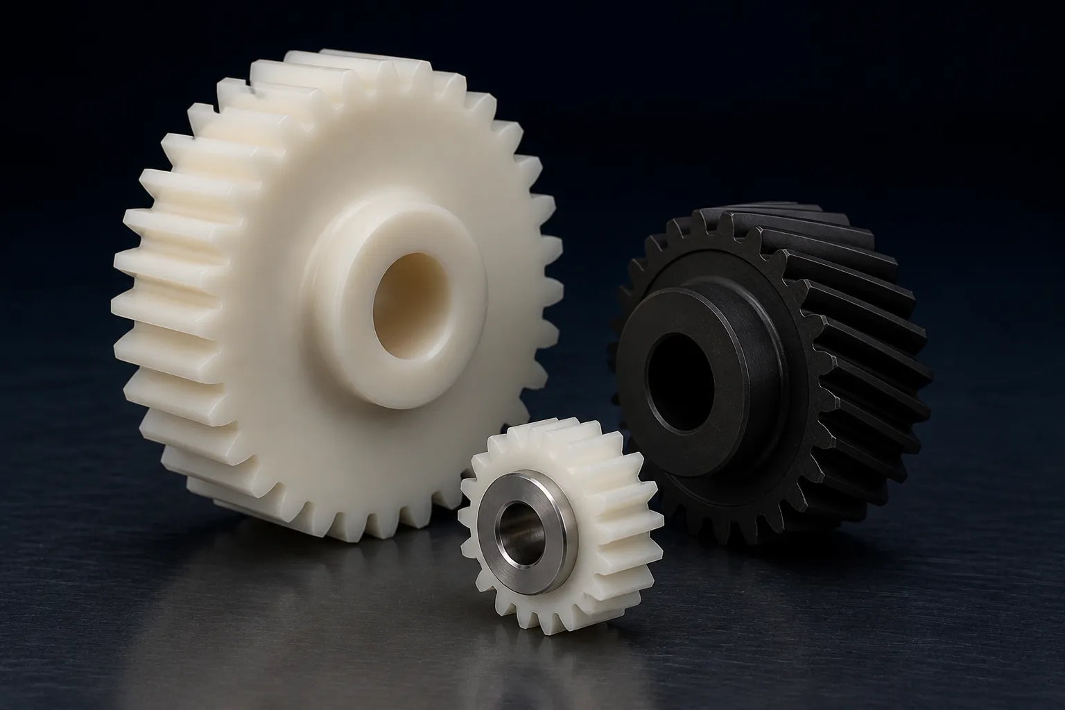 Custom engineering plastic gears with polymer bodies and a metal hub insert