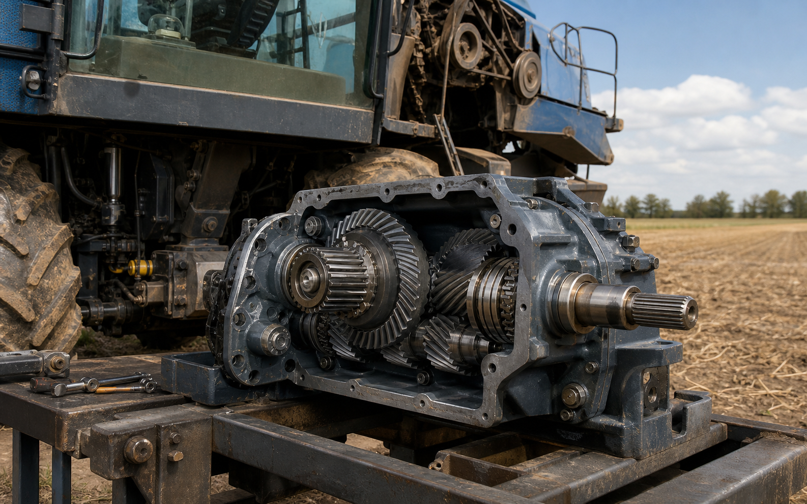 Agricultural machinery gearbox with bevel and helical gear transmission components