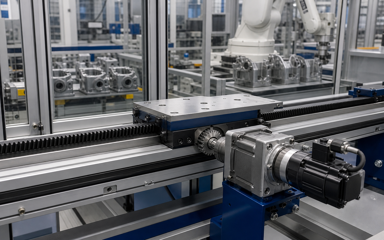 Rack and pinion drive in an industrial automation positioning system