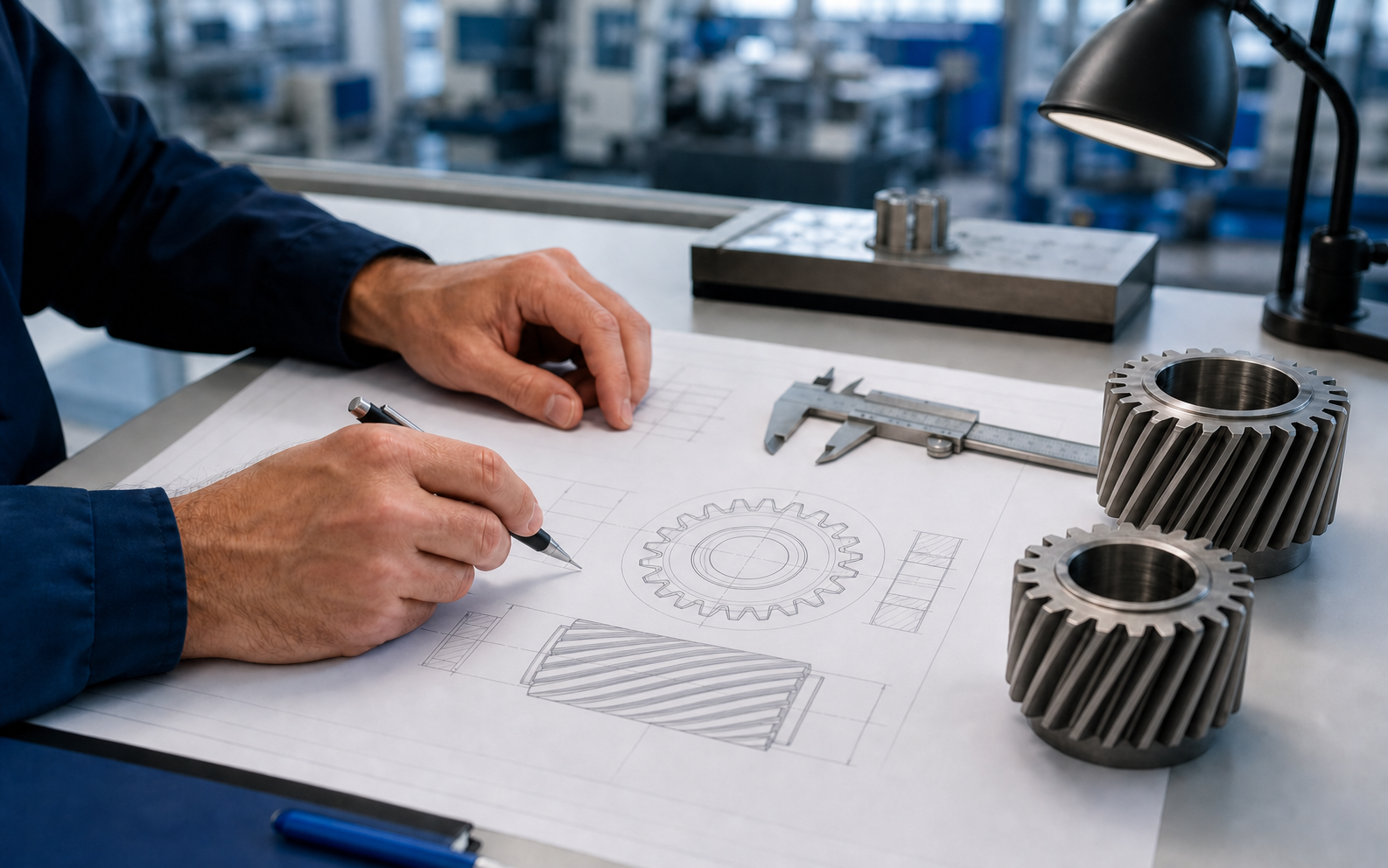 Engineer reviewing a custom gear drawing for quotation